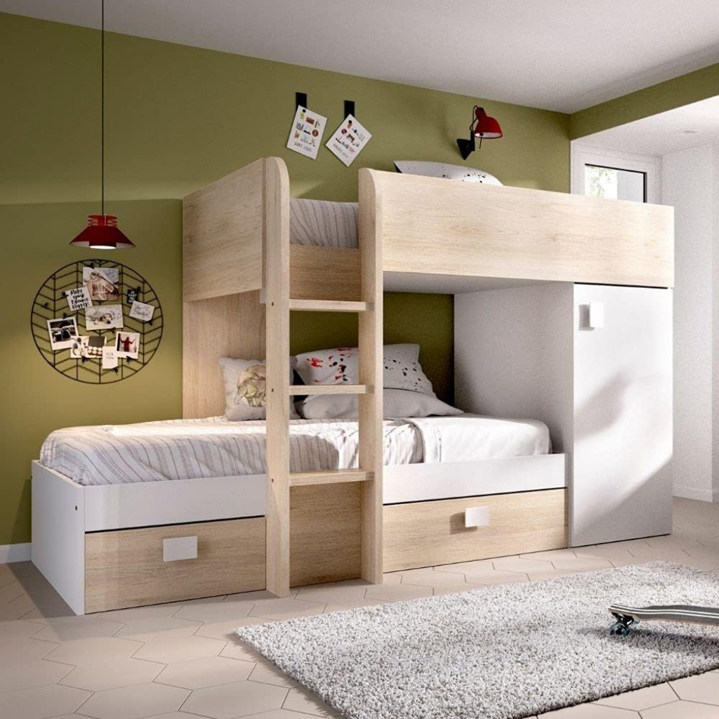Cama tren con 1 Armario y 2 Cajones Natural y Blanco