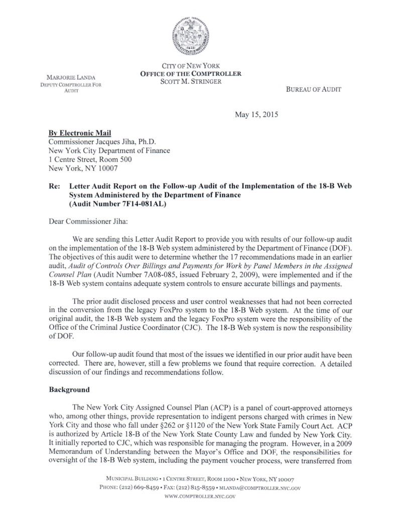 Letter Audit Report On The Follow Up Audit Of The Implementation Of The 18 B Web System Administered By The Department Of Finance Office Of The New York City Comptroller Scott M Stringer