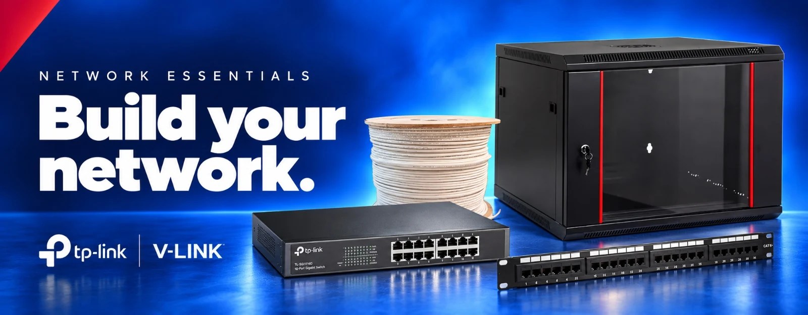 Network Essentials: TP-Link switch, V-LINK cable, network cabinet and patch panel at CompuOne Lebanon