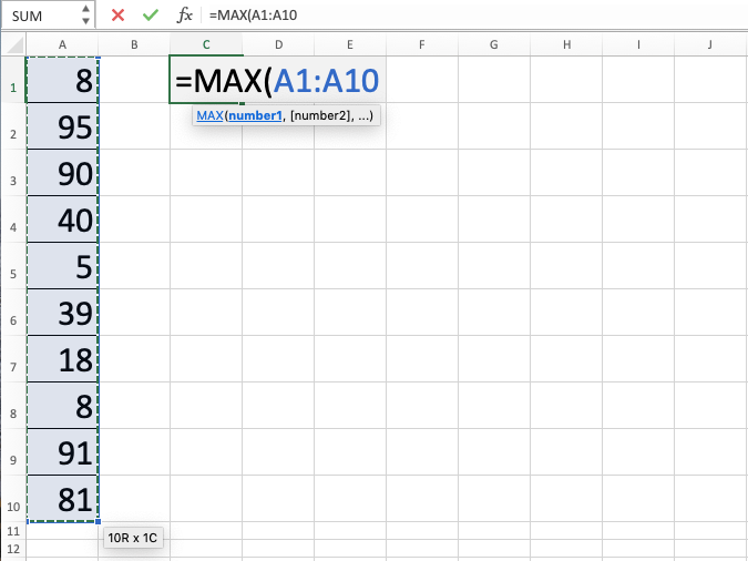 Max function in excel
