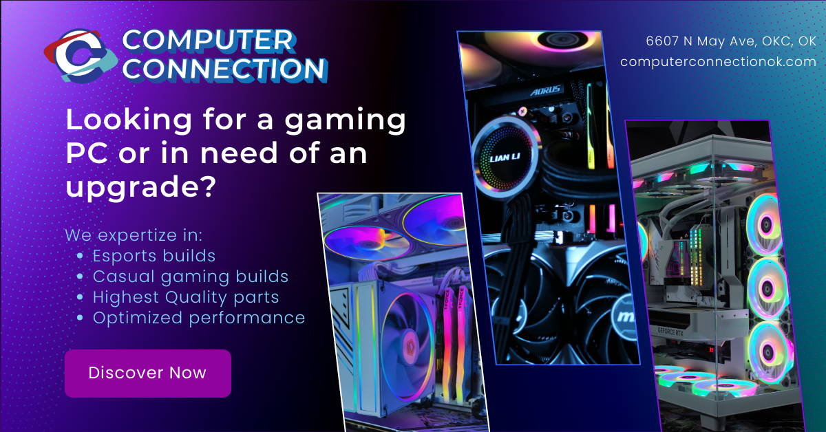 Gaming PC promotion with vibrant purple and blue colors, showcasing high-performance custom builds.