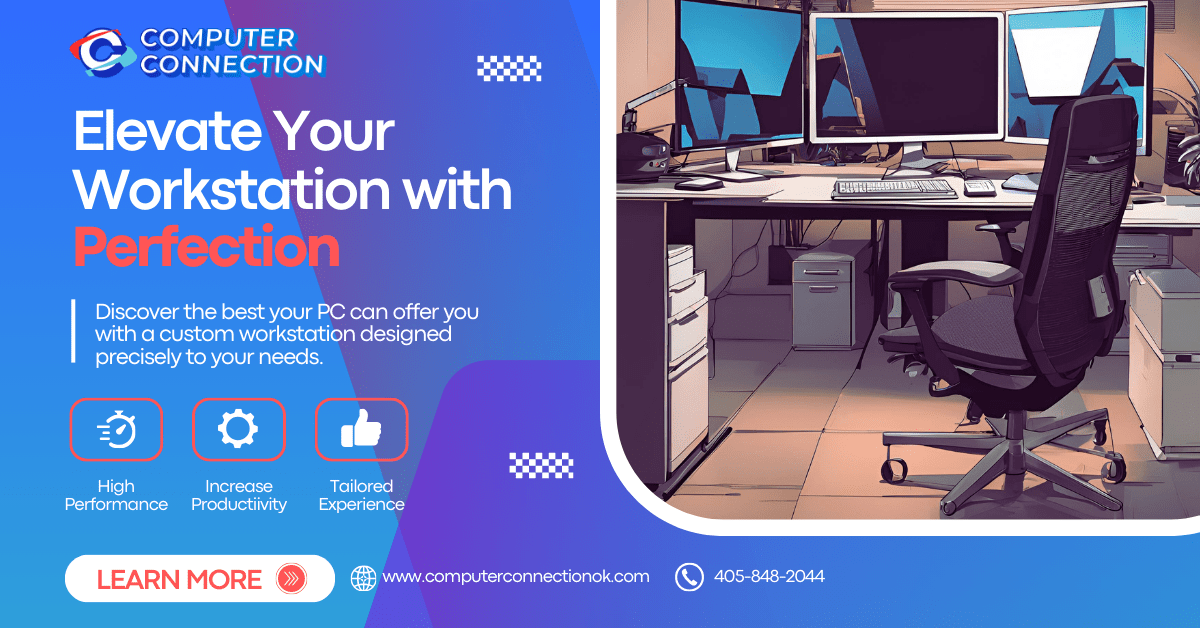 Workstation PC setup with multiple monitors and ergonomic desk setup for productivity