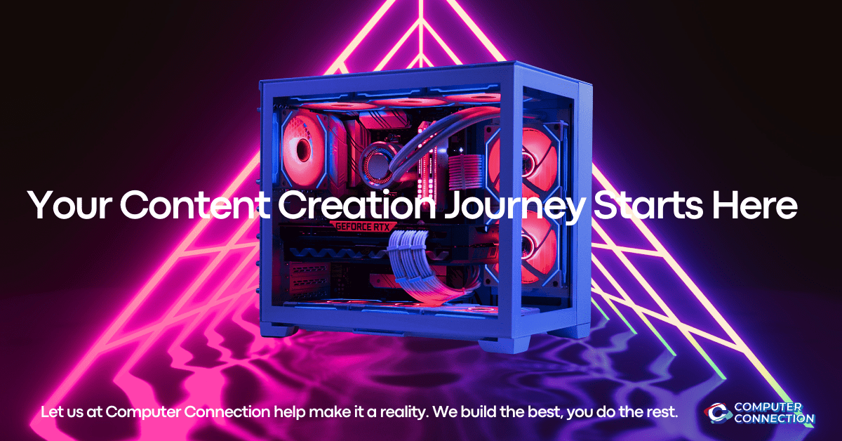 Vibrant content creation PC setup with neon lighting and high-performance components.