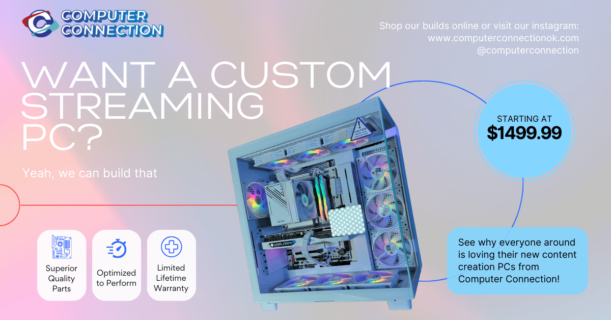 Custom Streaming PC promotion with focus on superior parts and performance.