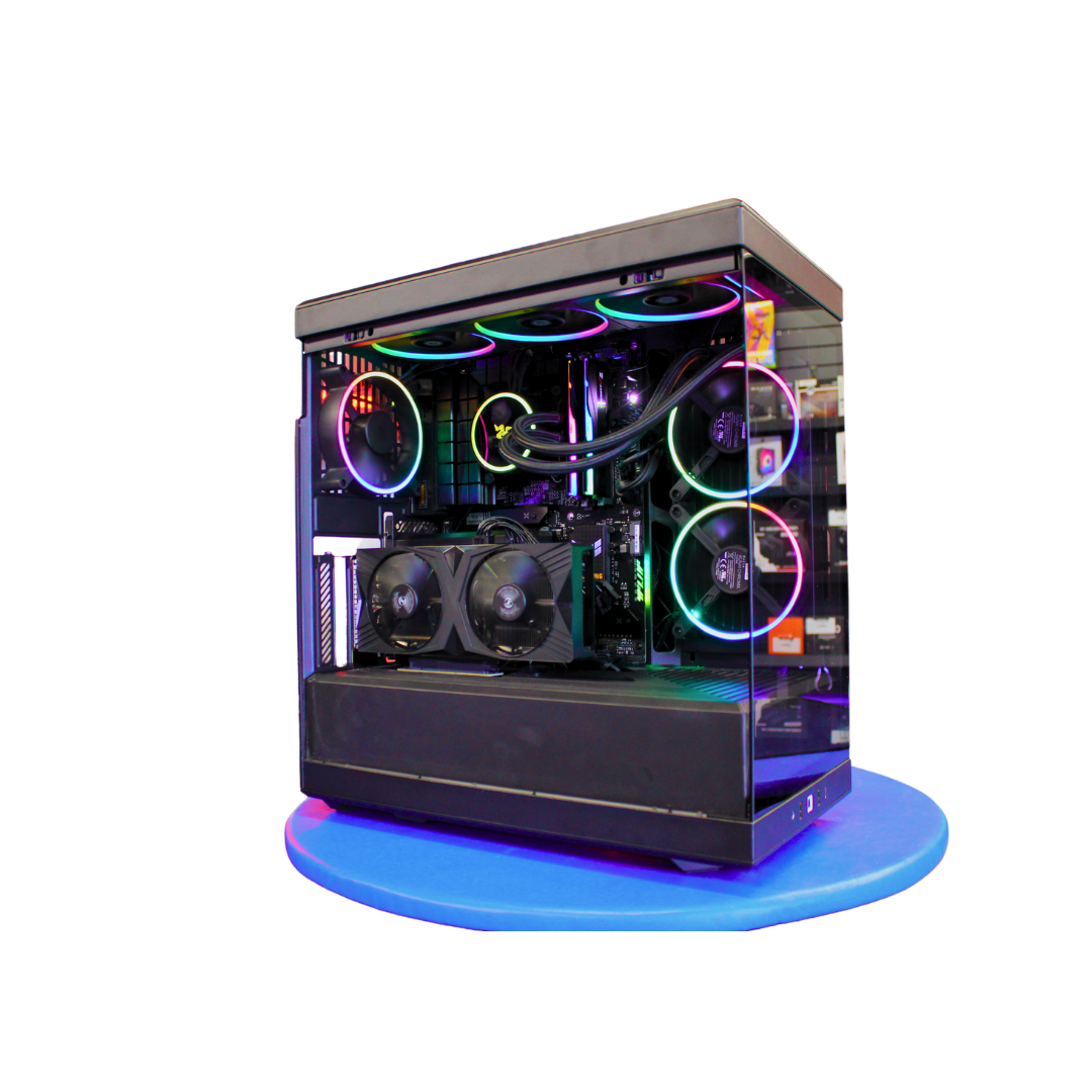 Side view of Astra Gaming PC, showcasing RGB lighting inside a Hyte Y40 Black case, equipped with Intel Core i5, RTX 4060 Ti, and 32GB DDR5 RAM.