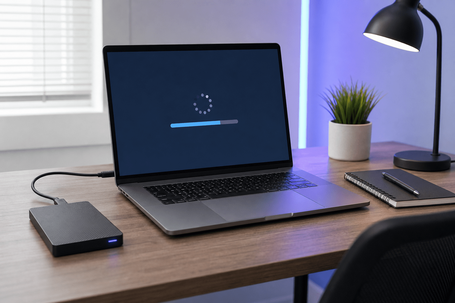 Laptop undergoing a factory reset beside an external backup drive on a clean desk