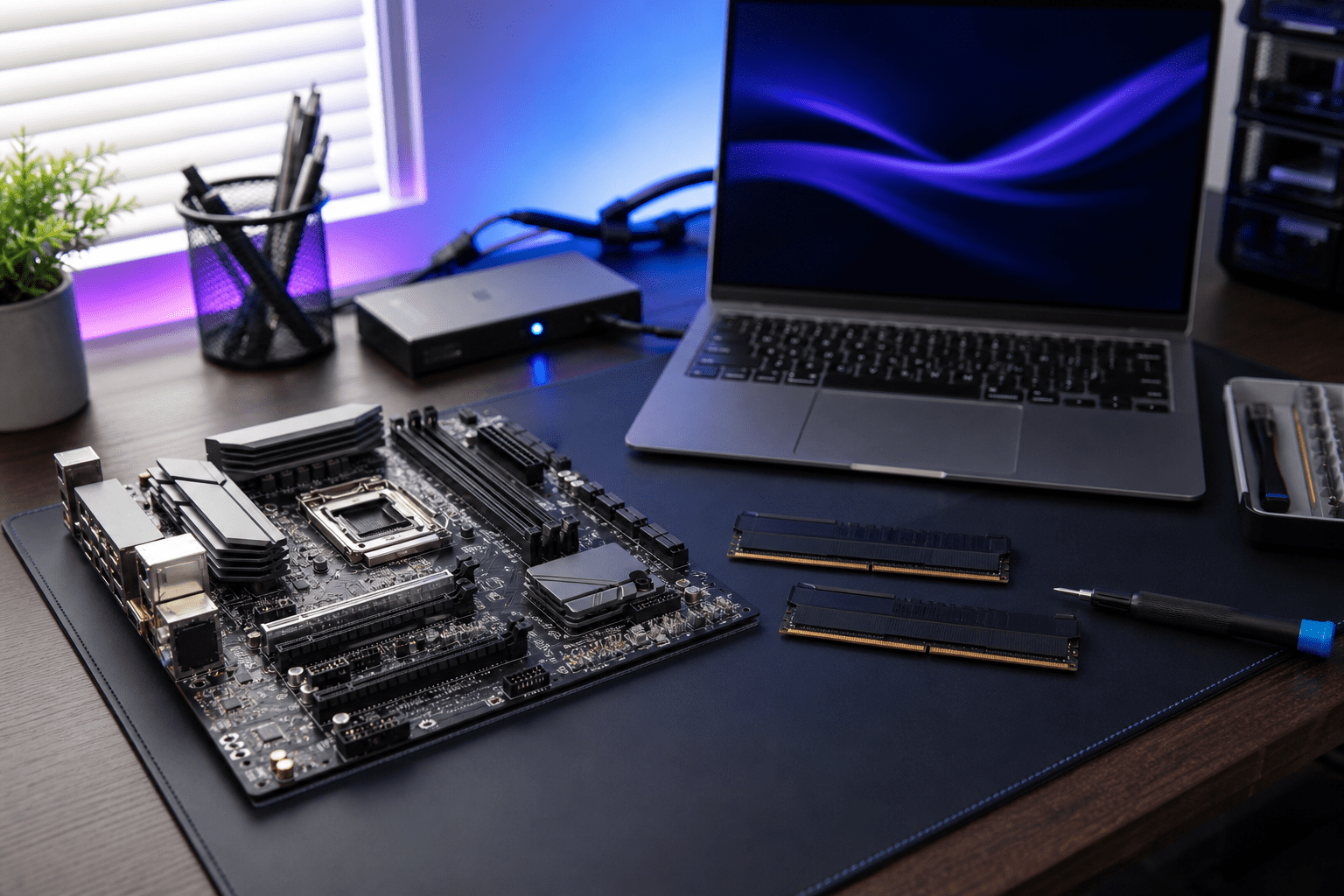 Compatible RAM modules and a computer motherboard on a clean technician workbench