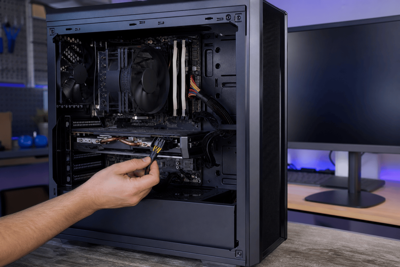 Open gaming desktop computer being inspected for a no-POST hardware fault on a clean repair workbench