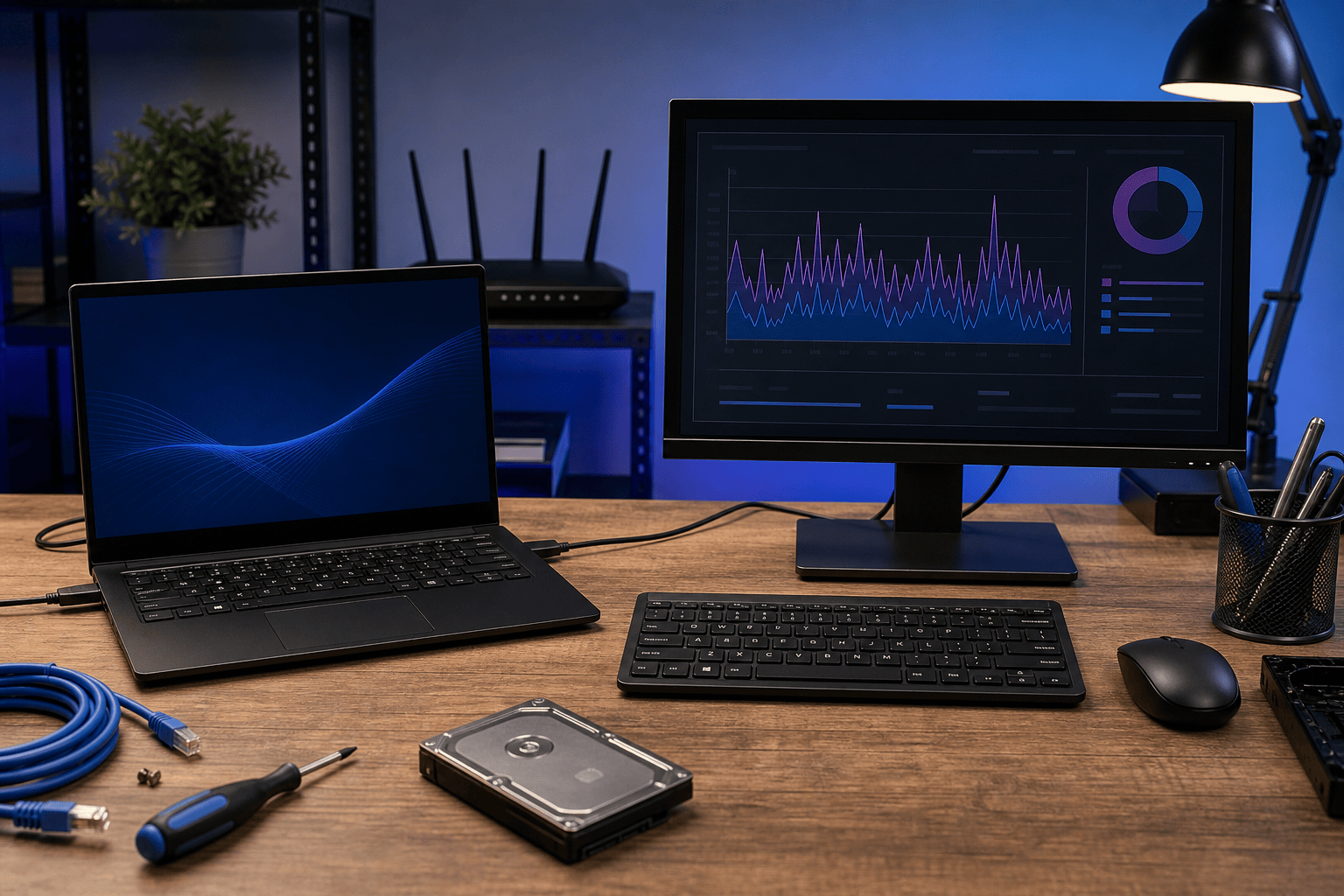Two computers being compared during a Wi-Fi performance check beside a wireless router
