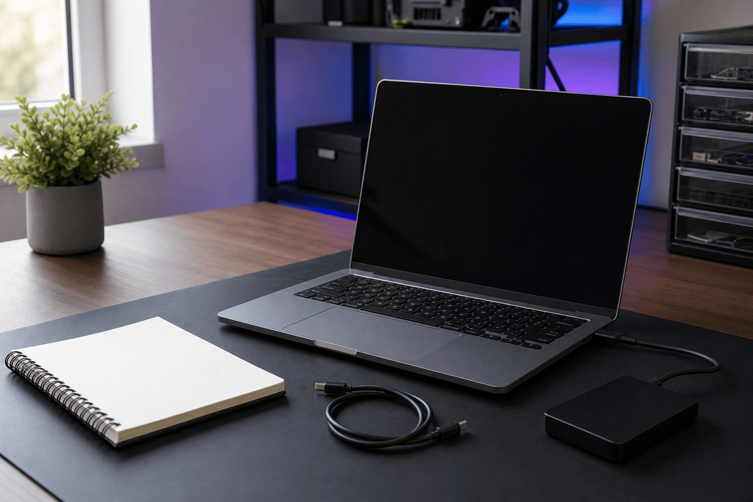 Powered-off laptop and external drive set aside after data loss