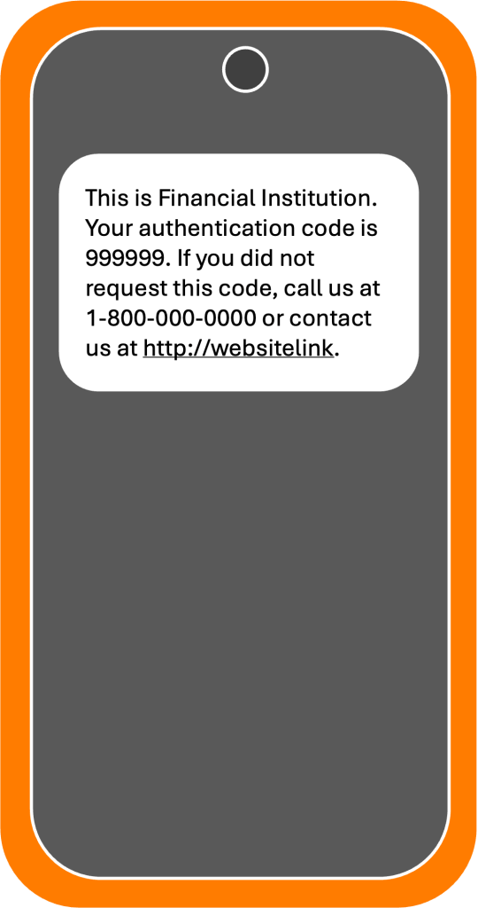 A graphic displaying an authentication code message from a financial institution with a contact number and website link for assistance.