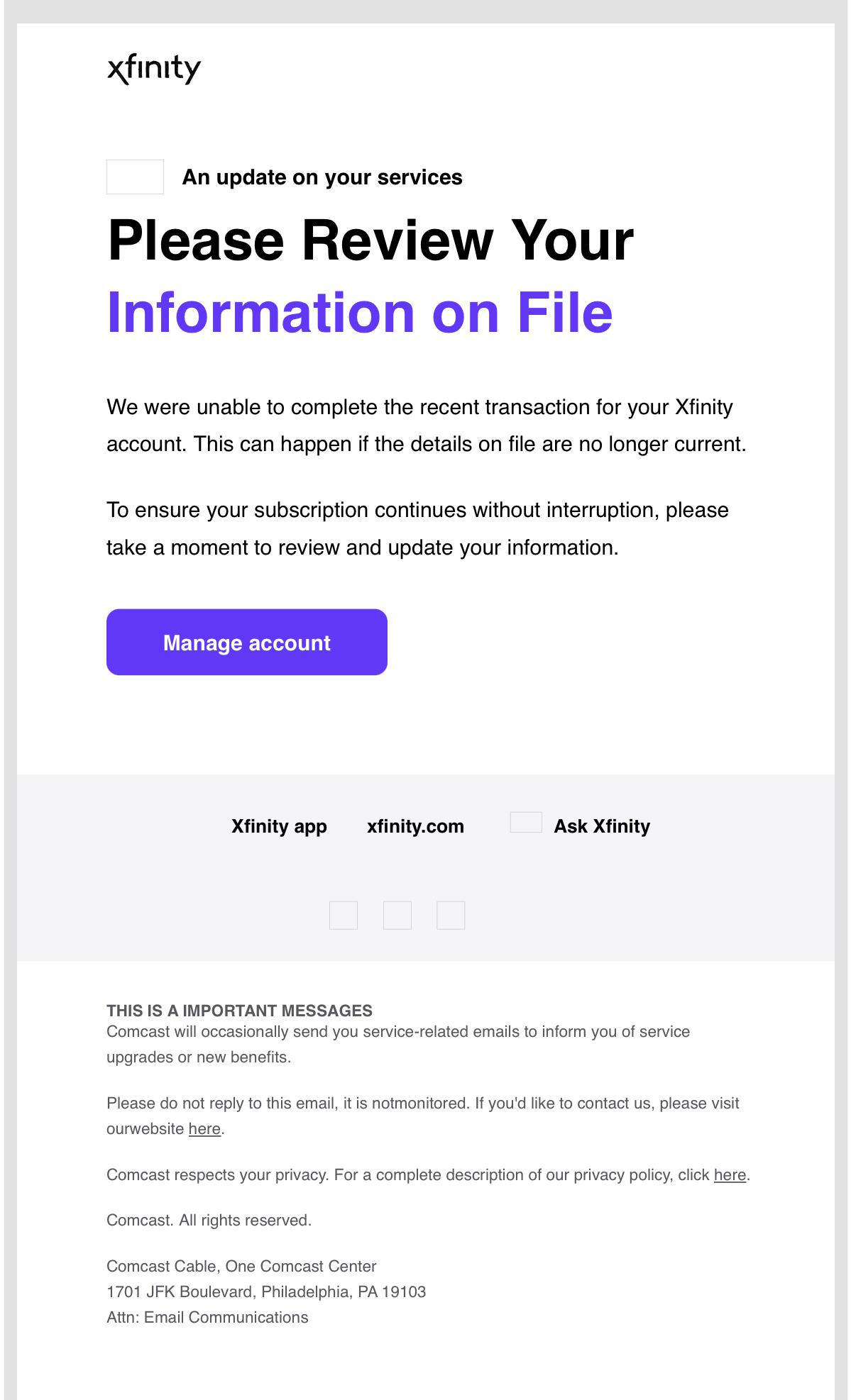 Xfinity Phishing Email
