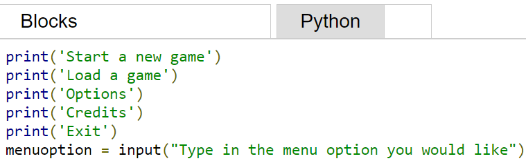 How do I make a menu system in Python Blocks? | Computer Scienced