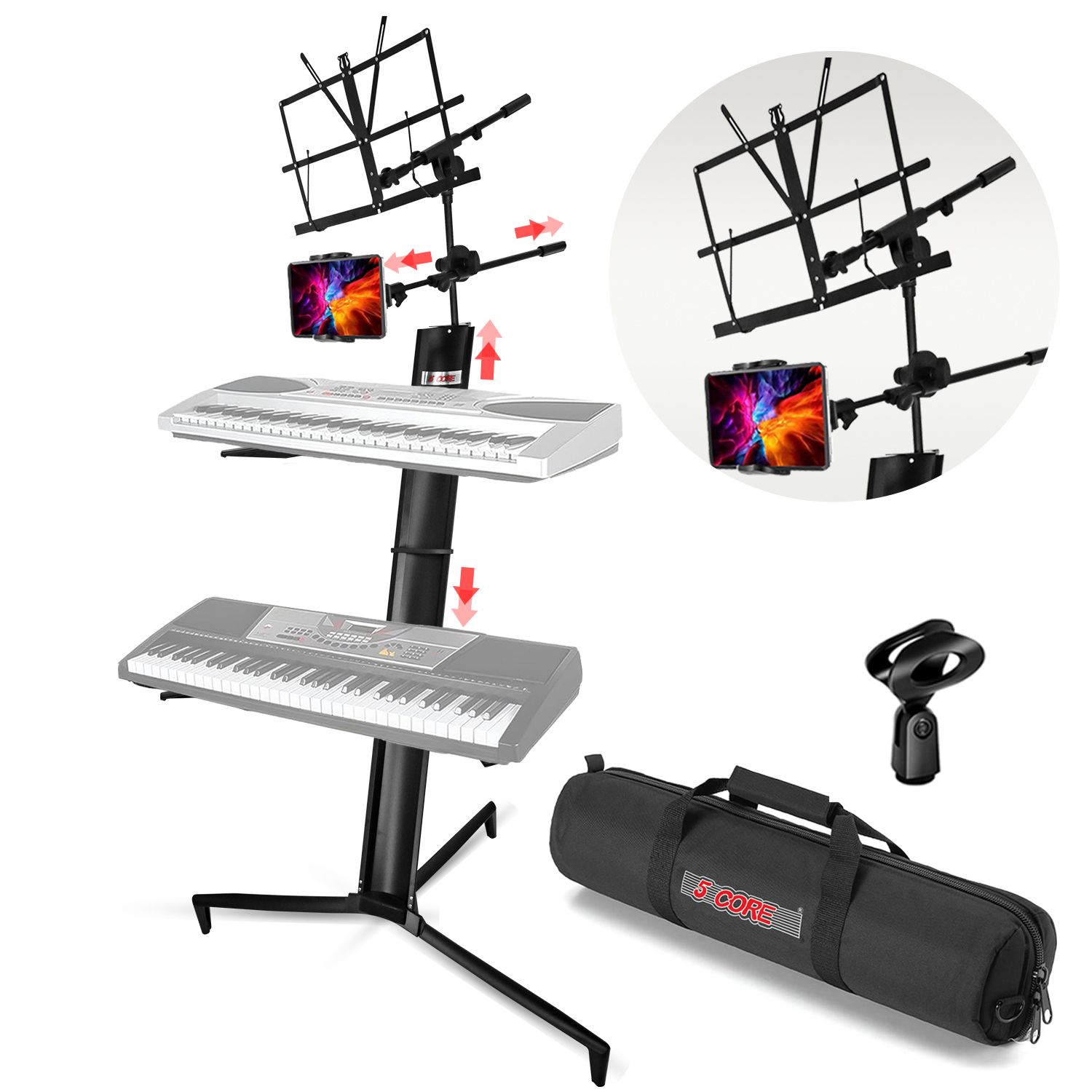 5 CORE 2 Tier Heavy Duty Multi Functional Portable Music Stand Digital Keyboard Stand Extension Adapter Telescopic Arm Mic Stand Height with Adjustment Bag Included - KS C 2TD BLK AL