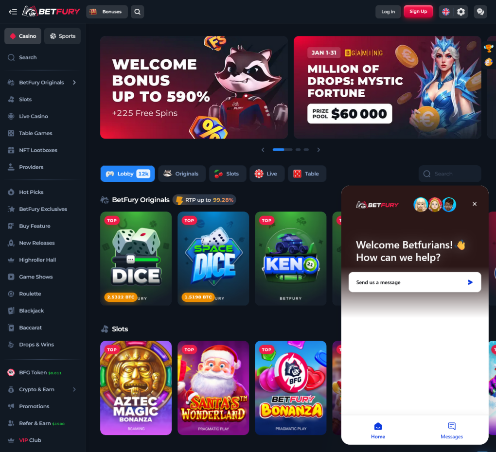 Screenshot podpory Betfury - živý chat