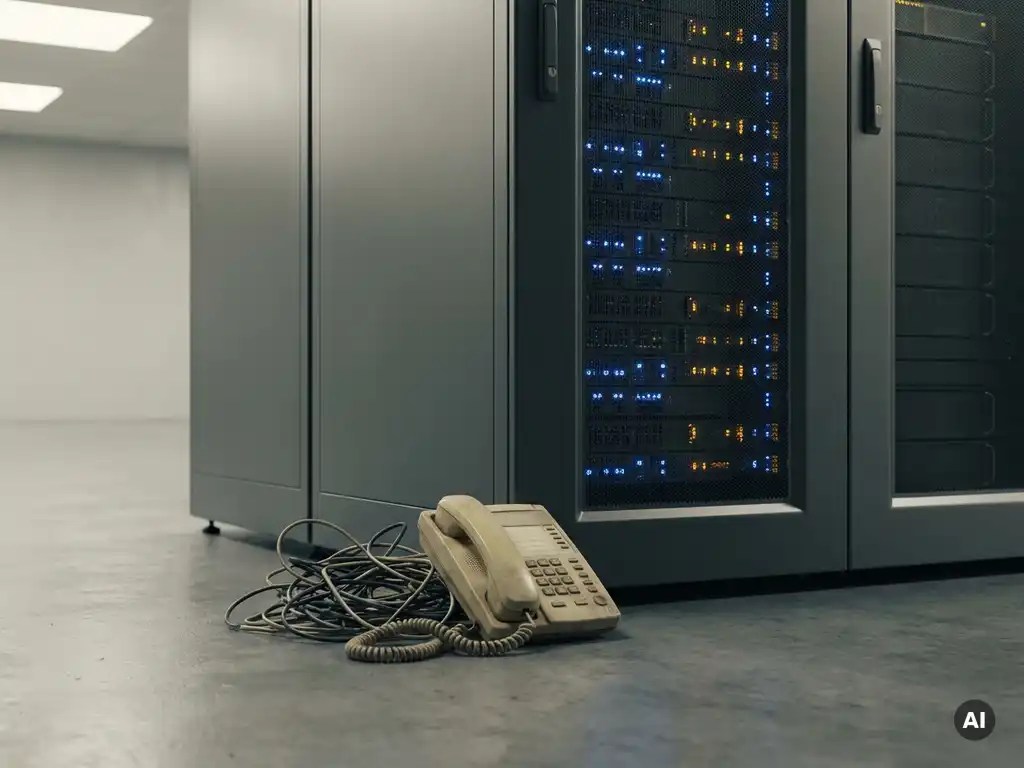 Verouderde beige bureautelefoon met verwarde kabels blokkeert de toegang tot een modern serverrek op betonnen vloer.