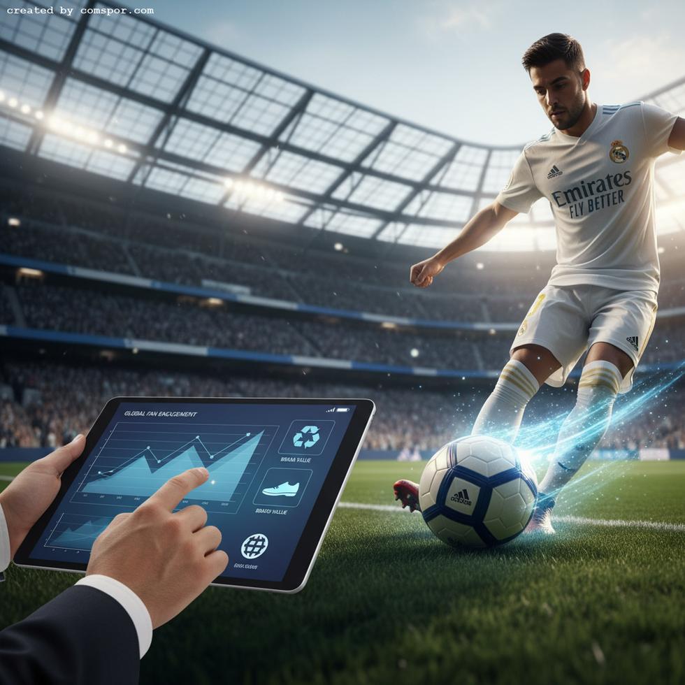 A person analyzes soccer fan engagement data on a tablet as a player kicks a ball in a stadium.