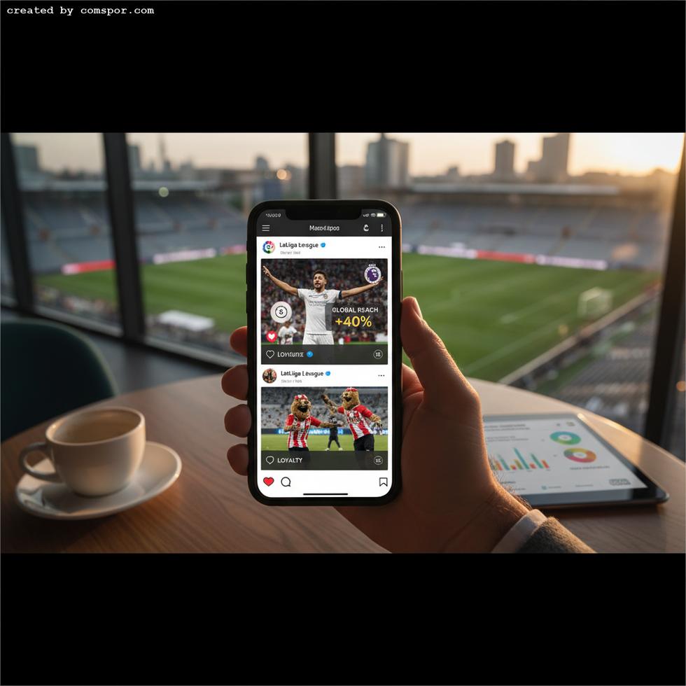 A hand holding a phone showing a LaLiga social media feed with a soccer stadium in the background at sunset.