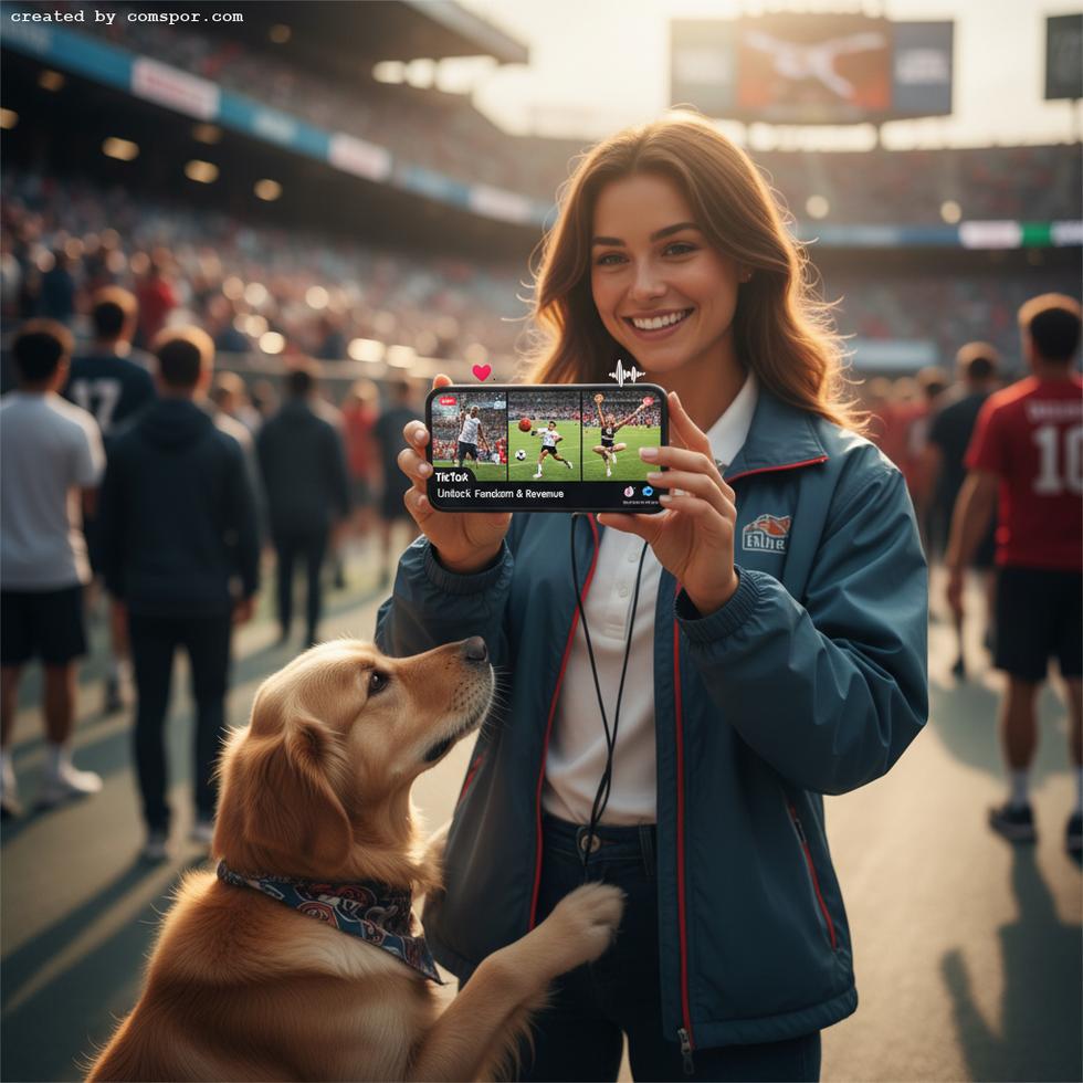 A woman and her golden retriever at a stadium hold a phone displaying a TikTok sports feed with the text "Unlock Fandom & Revenue".