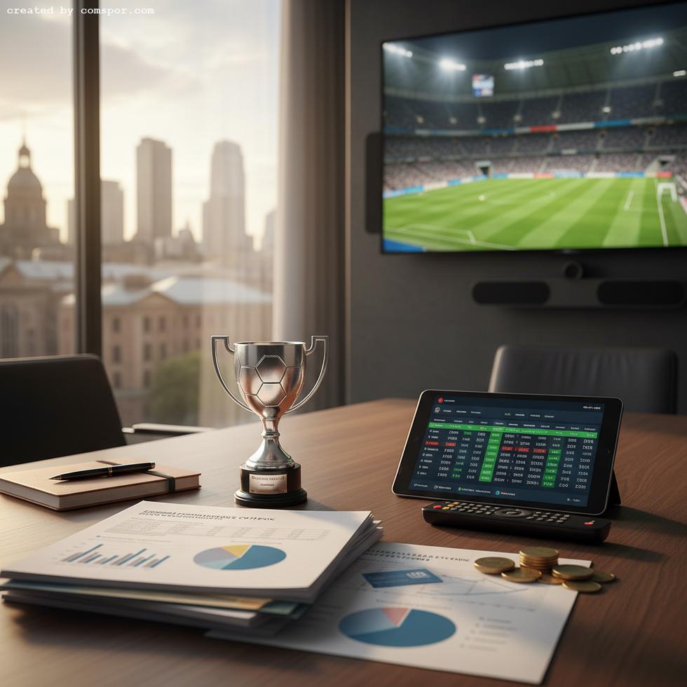 An office table with a soccer trophy, data charts, and a tablet displaying betting odds, with a live match on a TV in the background.
