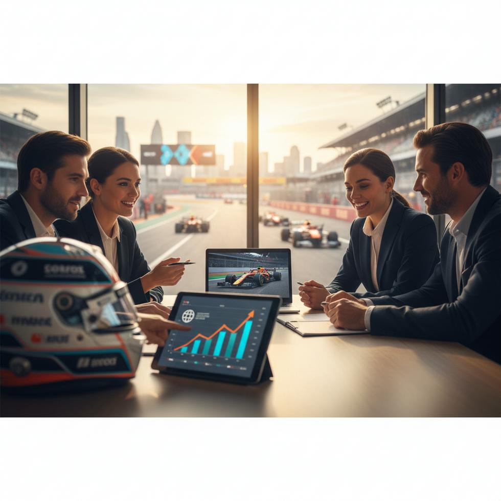 A business team analyzes a rising performance chart on a tablet during a meeting overlooking a live motorsport race.