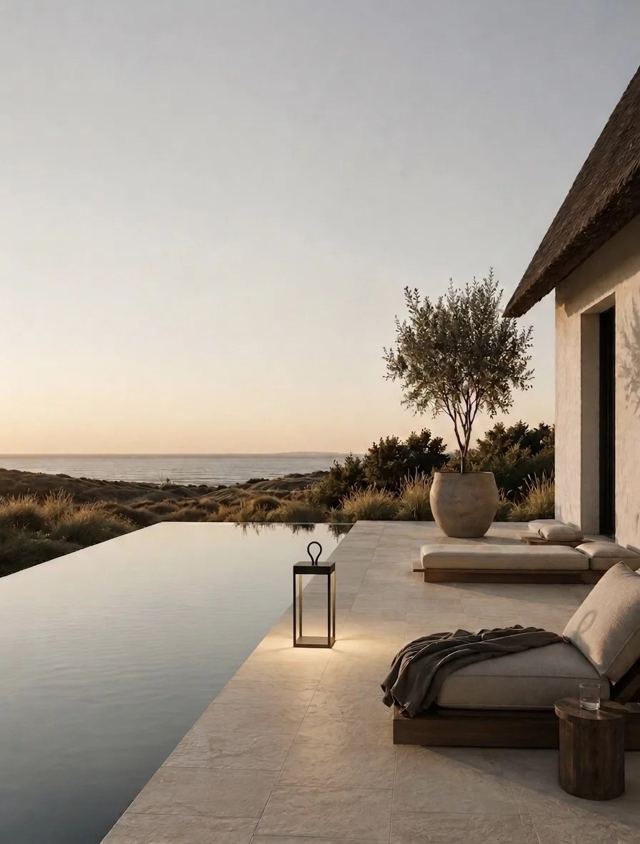 Landhaus Villa am Meer mit Pool und schwarzer LED Leuchte von qoozii
