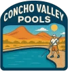 Concho Valley Pools logo featuring a pool cleaner working beside a blue pool with desert mountains and sun in the background. Clean, retro-style design representing San Angelo-based pool cleaning service.