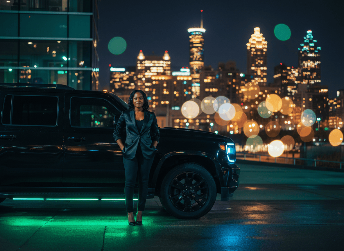 Professional woman beside a black SUV with the Atlanta skyline at night