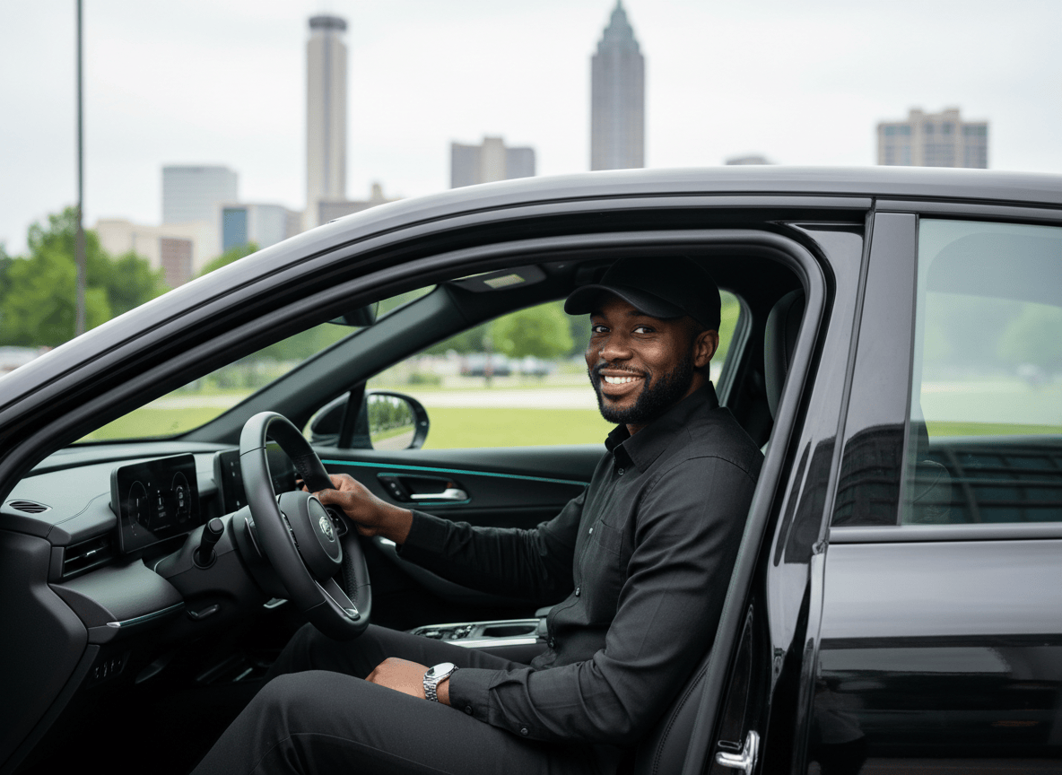 Smiling professional rideshare driver seated in a modern vehicle