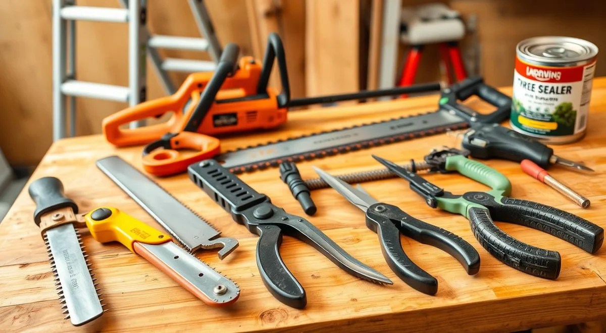 Uma imagem detalhada e em alta resolução de um conjunto de equipamentos profissionais de poda de árvores dispostos sobre uma bancada de madeira. Em primeiro plano, tesouras de poda afiadas, uma serra de poda e uma tesoura de poda robusta brilham sob a iluminação forte e uniforme. No centro, uma potente serra elétrica de vara e uma tesoura de poda resistente com cabos extensíveis são exibidas com destaque. Ao fundo, uma escada resistente e uma lata de tinta seladora completam a cena, criando um conjunto completo de ferramentas essenciais para a poda meticulosa de árvores frutíferas.