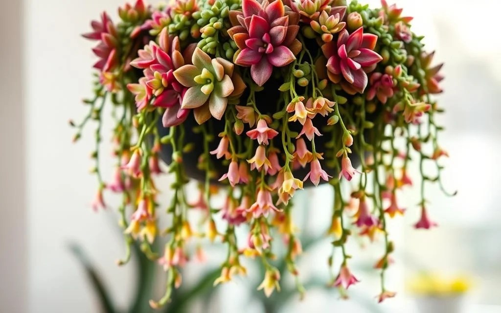 suculentas pendentes com flores