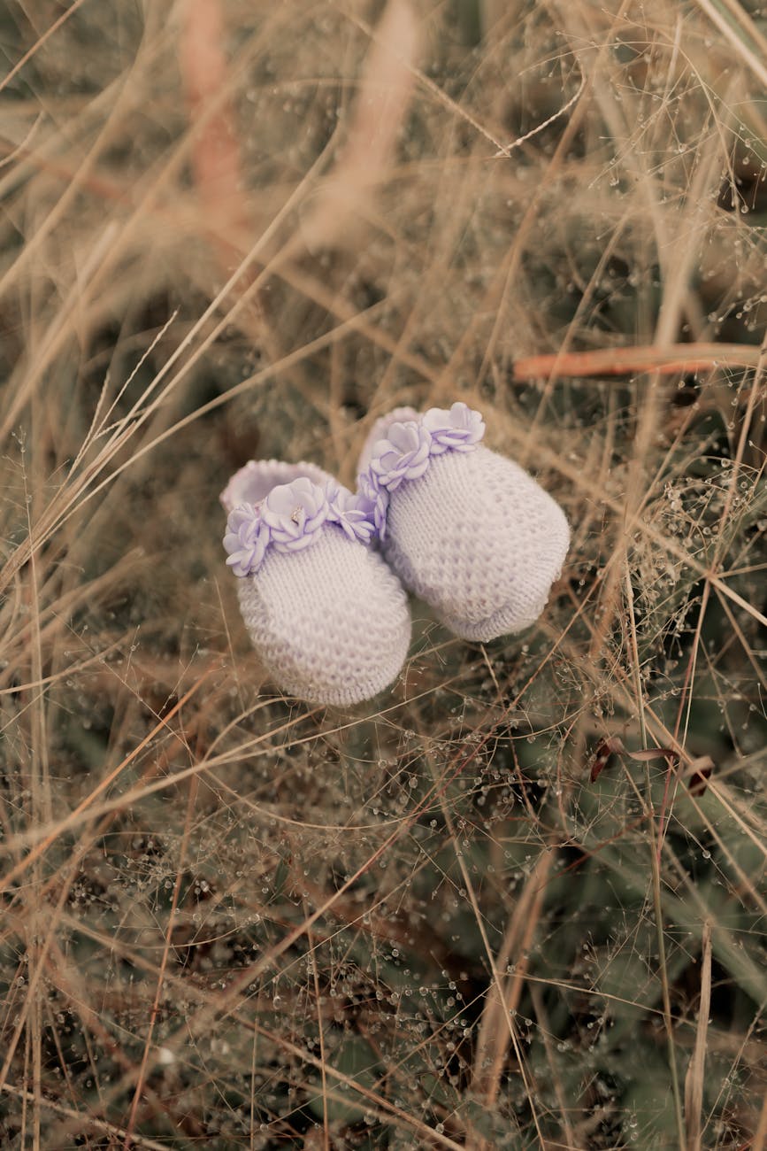 adorable baby booties on nature background