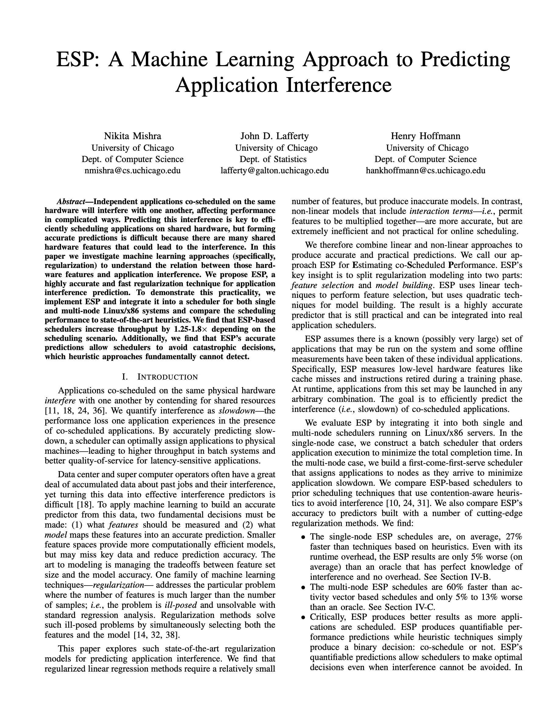 ESP: A Machine Learning Approach to Predicting Application Interference