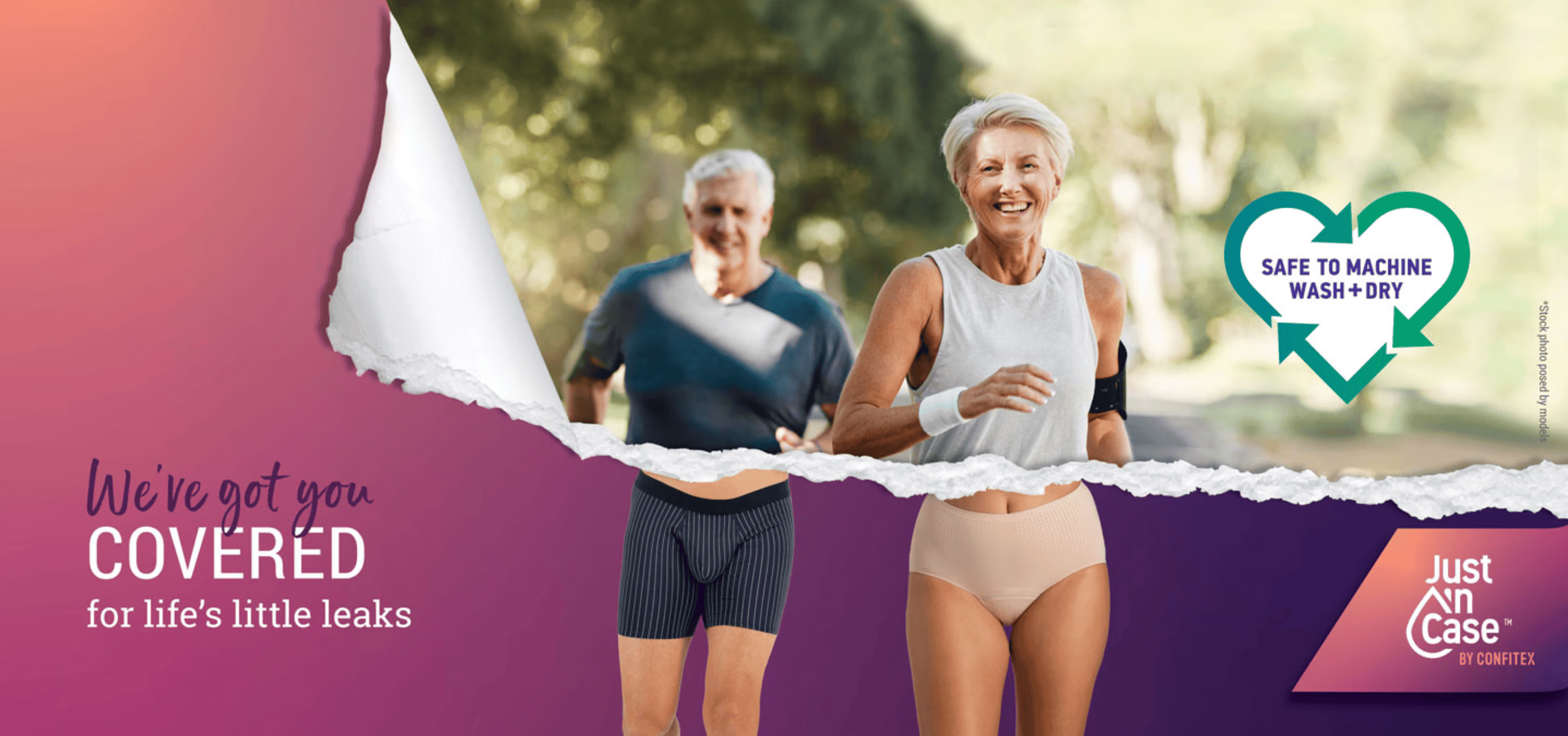 Older man and woman running outdoors, wearing Just'nCase leak-resistant underwear