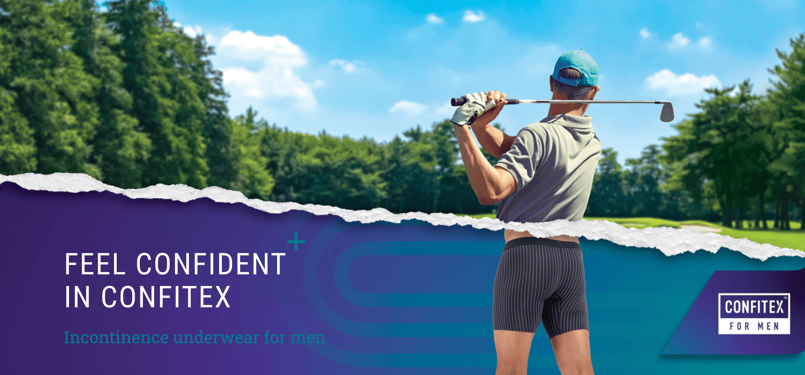 Man swinging a golf club outdoors, wearing Confitex for Men absorbent underwear