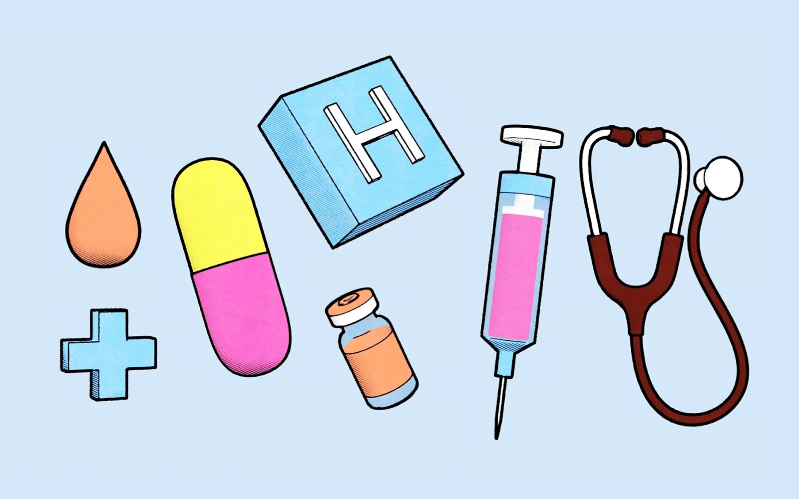 Stylized medical illustration showing a pill, syringe, stethoscope, vial, drop, and blue cross on a light blue background, symbolizing health, hospital care, and modern medicine.