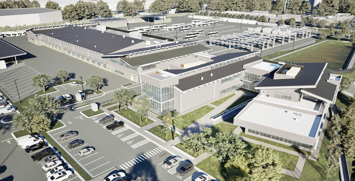 Aerial oblique rendering of the Operations & Maintenance facility building, parking areas and surrounding land.
