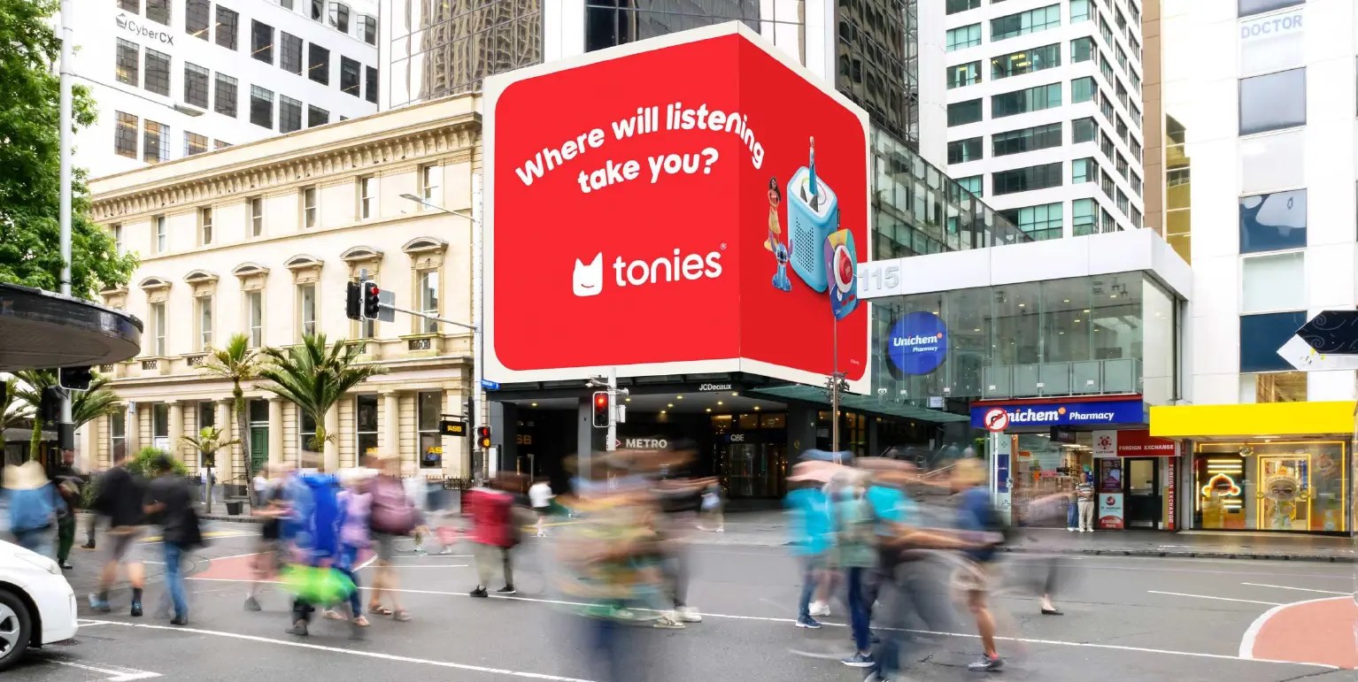 Tonies outdoor advertising billboard in a city environment