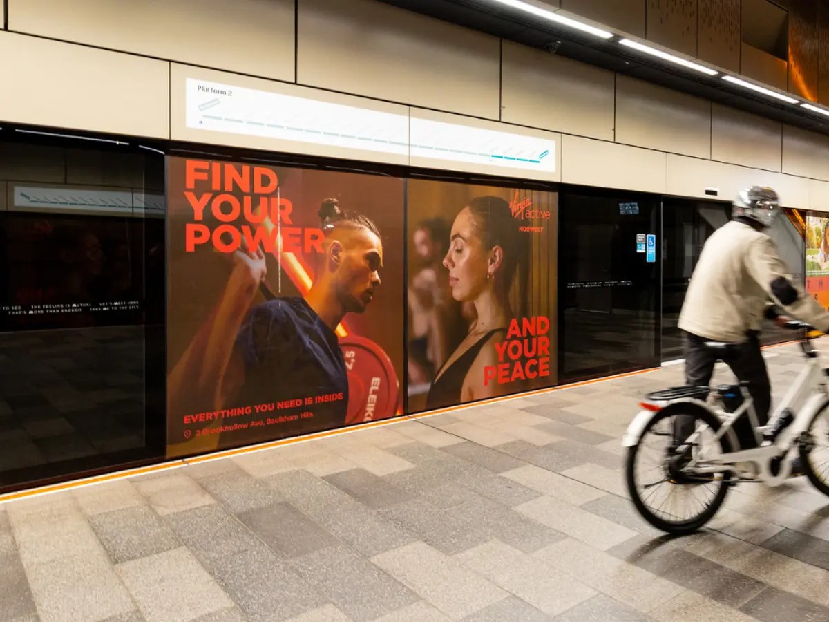 Virgin Active outdoor advertising display in a public transport environment