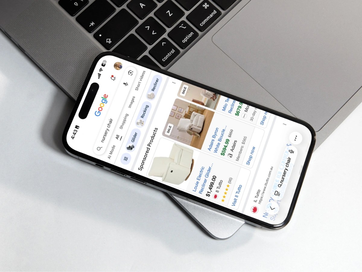 Google Shopping Ads displayed in mobile search results for nursery chairs