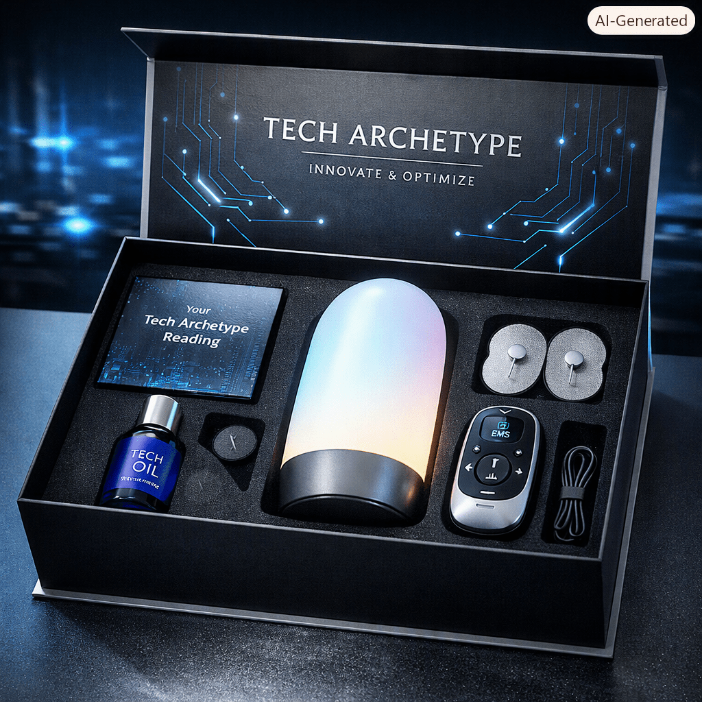 Luxury Tech Archetype Sanctuary Box with light therapy lamp, essential oil bottle, EMS pulse device, and reading booklet arranged in a sleek modern display with cool blue lighting.