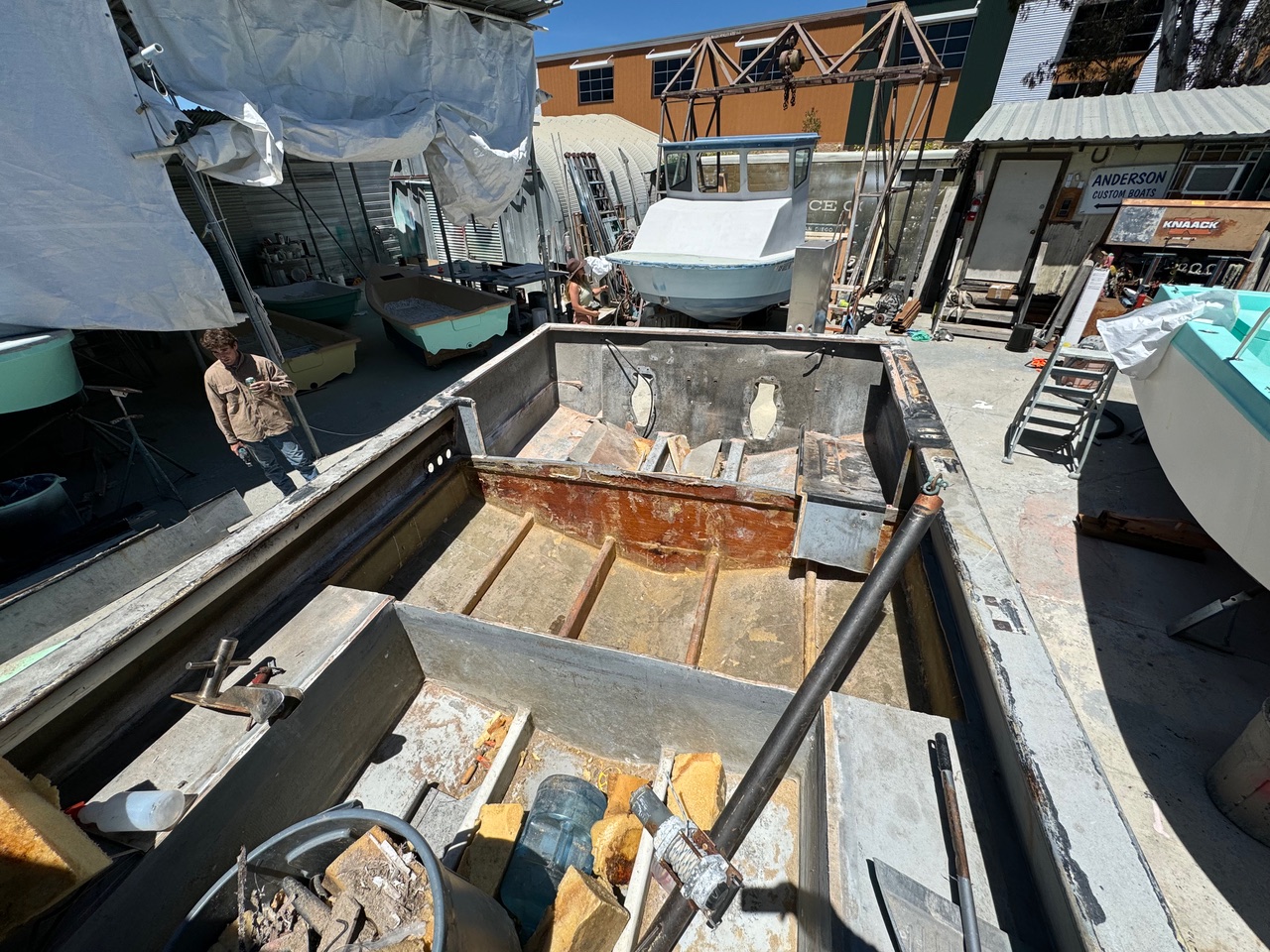 The back half of Conner Coffin's 26 foot Anderson boat all cut open.