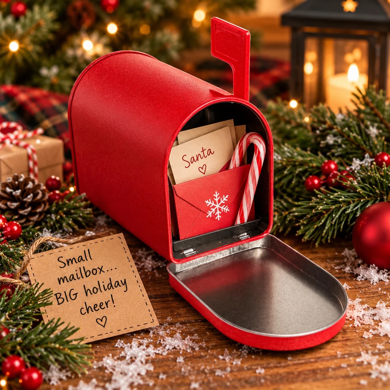 Small red mini mailbox with its flag raised, open and filled with Christmas letters and a candy cane, surrounded by evergreen branches, ornaments, pinecones, and warm holiday lights on a rustic wooden table.