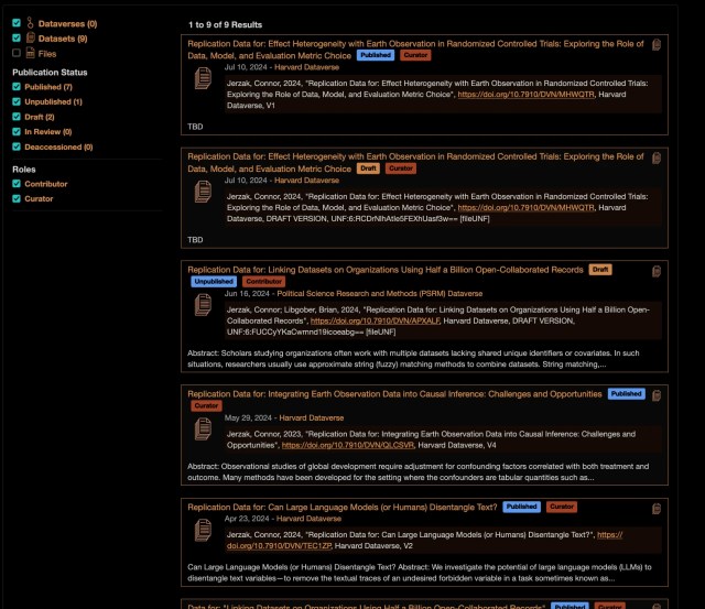 Harvard Dataverse search result for Connor Jerzak (dark mode)