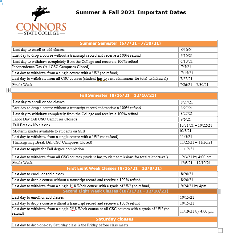 Calendar Connors State College 