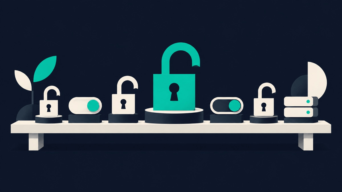 Illustration: a row of open padlocks and toggle switches on a shelf, one larger padlock highlighted in teal.