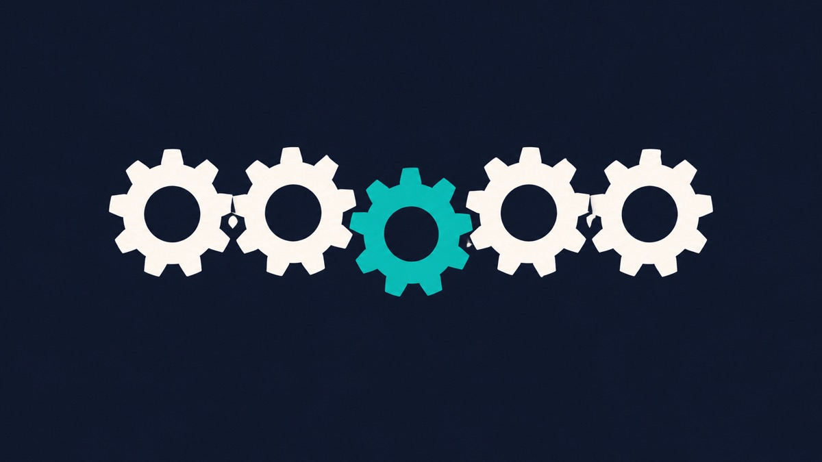 Illustration: a set of gears with one gear misaligned and highlighted in teal.