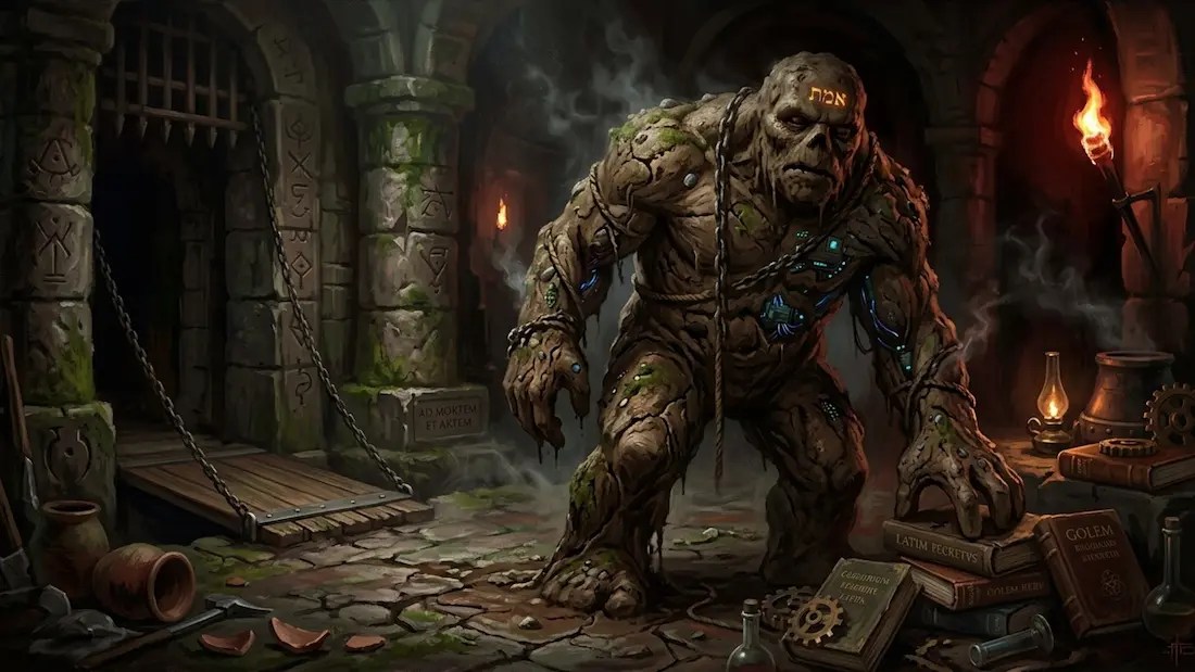 Golem de barro representando a relação entre criação humana e inteligência artificial.
