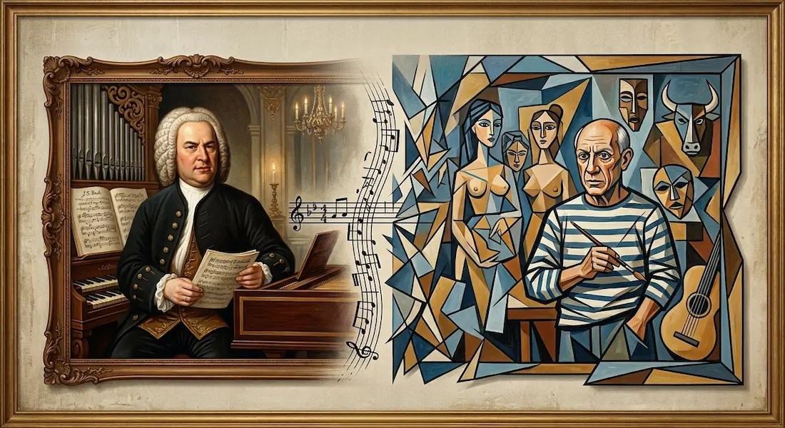 um confronto visual entre Bach e Picasso, em composição elegante, com Bach de um lado e Picasso do outro, separados por uma transição visual que sugira a passagem da arte tradicional para a moderna.
