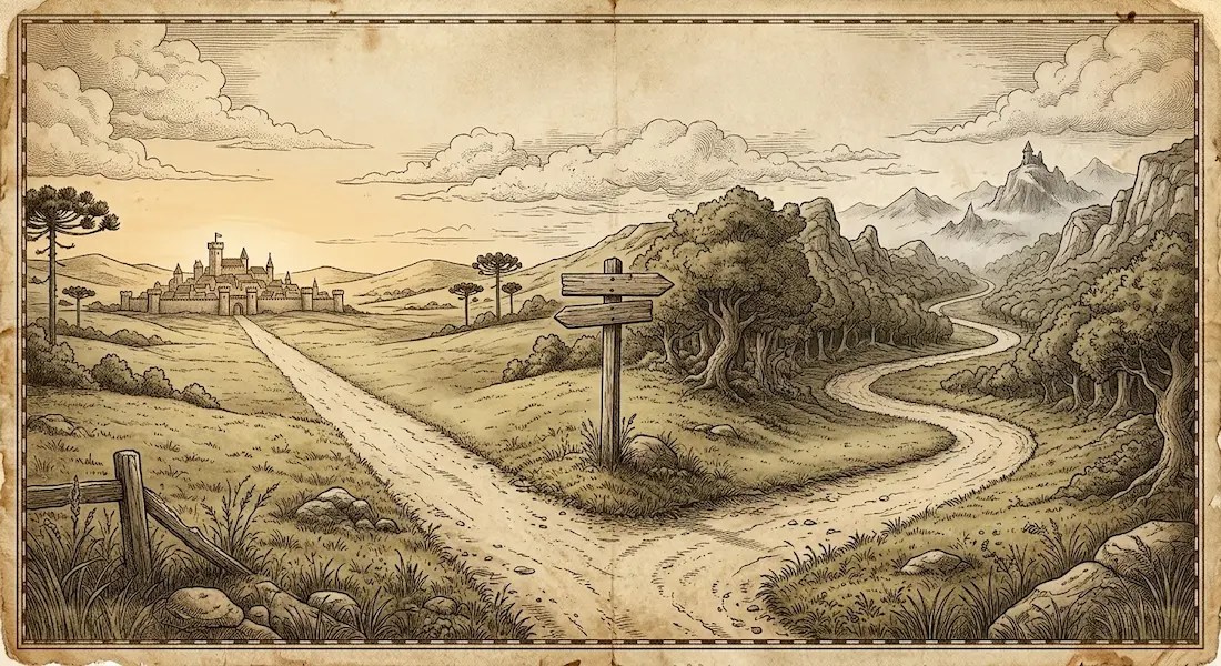 ilustração antiga de uma estrada bifurcada, com um caminho reto e outro sinuoso